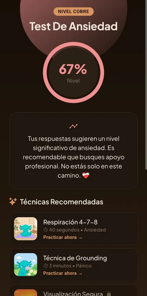 Resultado de un test de ansiedad en Abby Mind, con técnicas recomendadas