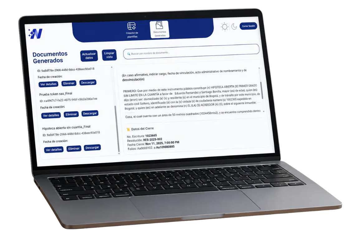 NotarIA en un portátil: listado de documentos generados