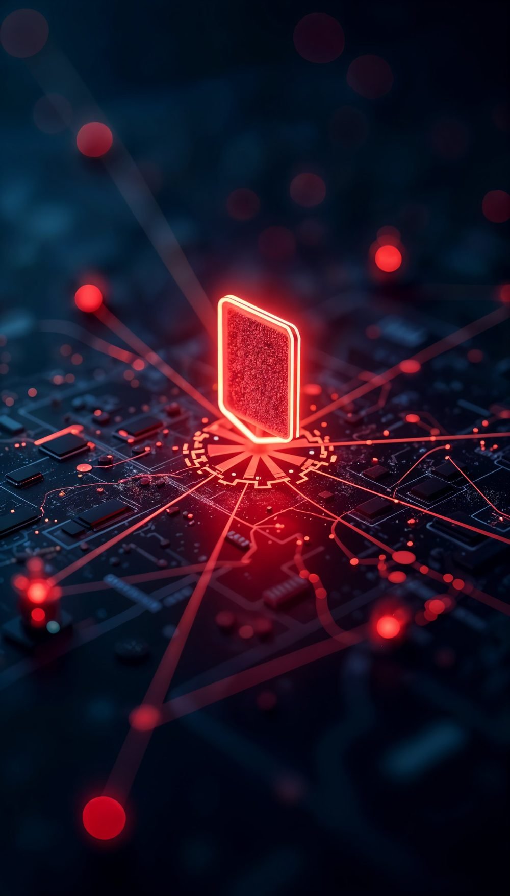 Chip iluminado en rojo sobre una placa de circuitos, conectado a una red de datos