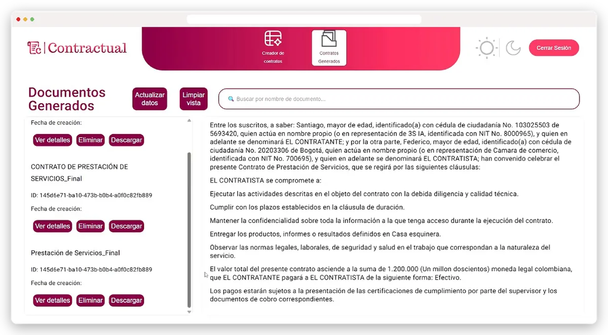 Listado de contratos generados en Contractual con su vista previa