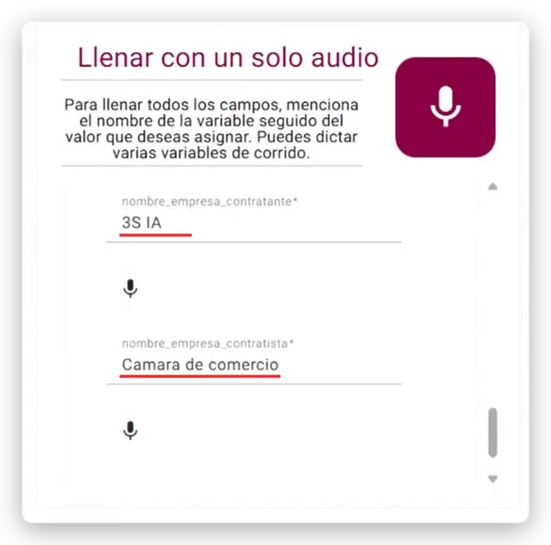 Panel de Contractual para llenar los campos del contrato con un solo audio