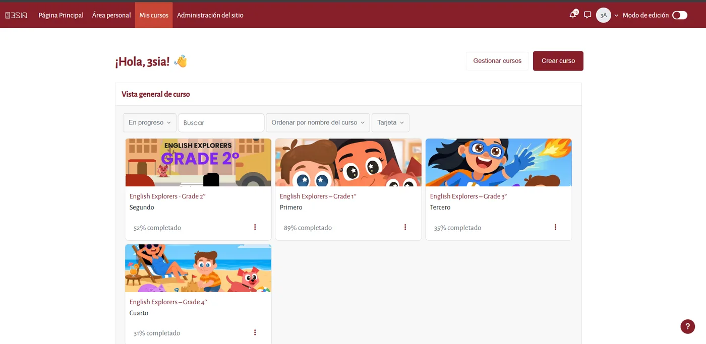 Página de inicio de la plataforma English Explorers con los cursos por grado